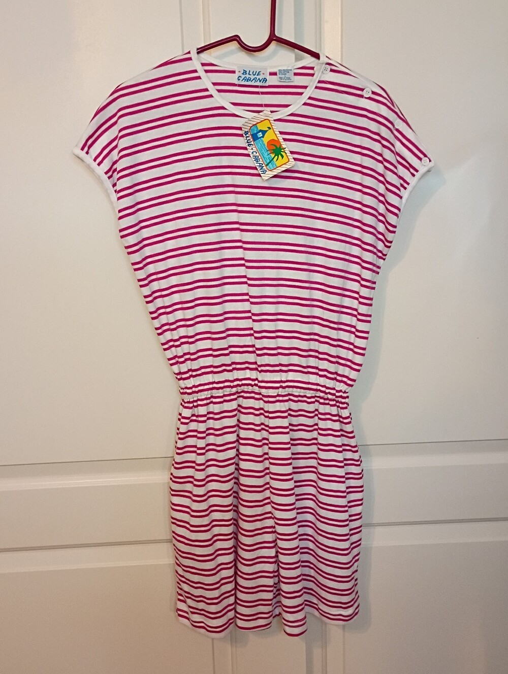 Vintage Blue Cabana Striped Romper Size Large New Old Stock